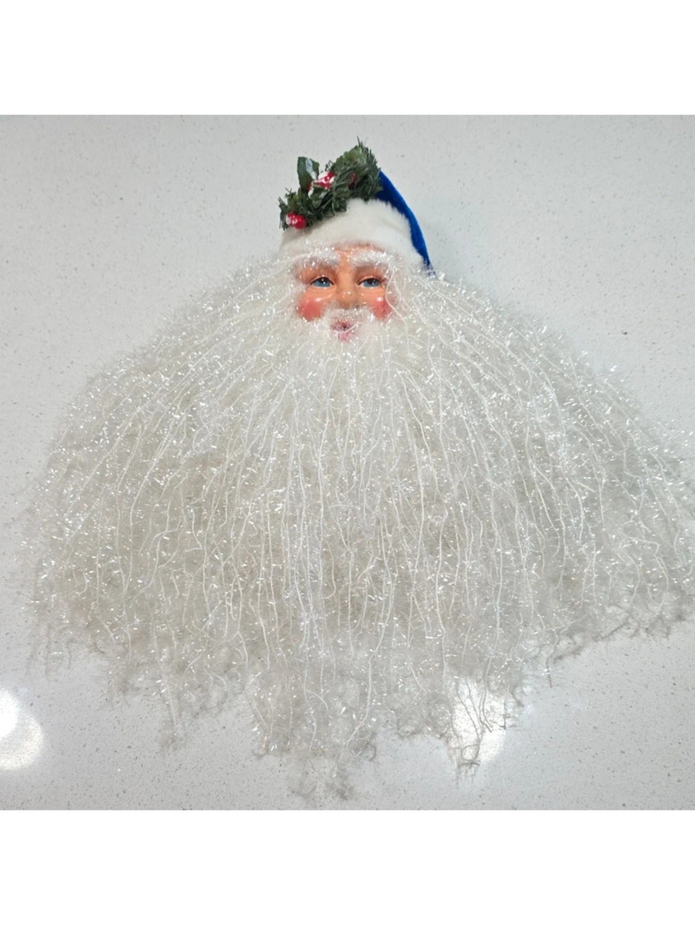 Vintage Santa Claus Hanging Decoration with Blue Velvet Hat and Sparkly White T-